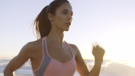 Woman,-beach-and-sunset-running