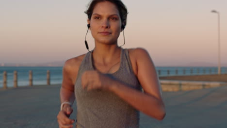 Woman,-beach-running-and-headphones-of-a-runner