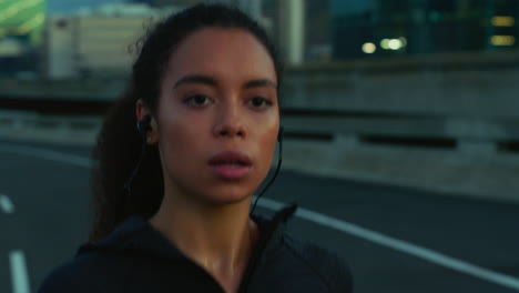 Running,-headphones-and-black-woman-face-focus