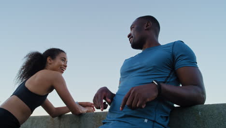 Black-couple,-fitness-and-relax-in-conversation