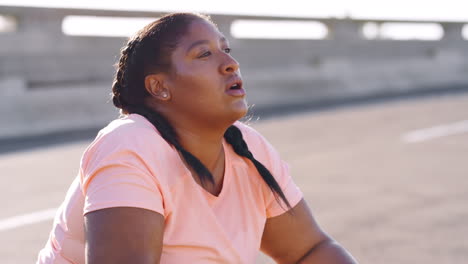 Fitness,-tired-or-plus-size-black-woman-breathing