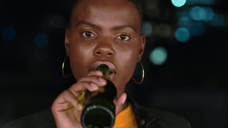 Night,-party-or-face-of-a-black-woman-with-beer