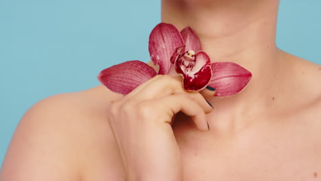 Woman,-body-and-orchid-flowers-for-natural-beauty