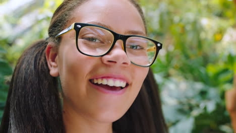 Girl,-teenager-or-laughing-face-and-glasses