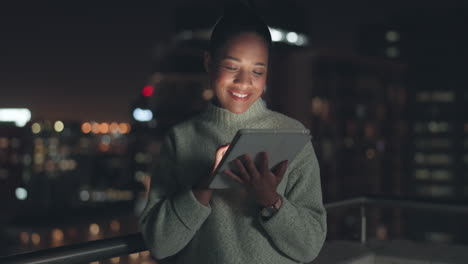 Tablet,-night-and-smile-with-black-woman-in-city