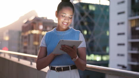 Black-woman,-tablet-and-smile-on-rooftop