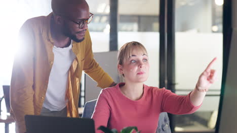 Corporate-black-man,-woman-and-point-at-computer