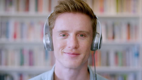 Headphones,-library-and-student-from-Ireland-happy