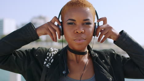 Travel,-headphones-and-face-of-black-woman-by