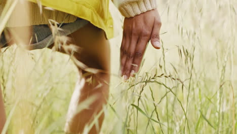 Hands,-walking-and-woman-in-grass-field-outdoor