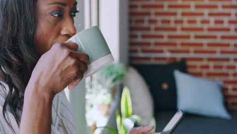 Relax,-coffee-and-thinking-black-woman-with-phone