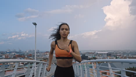 City-bridge,-running-and-black-woman-fitness