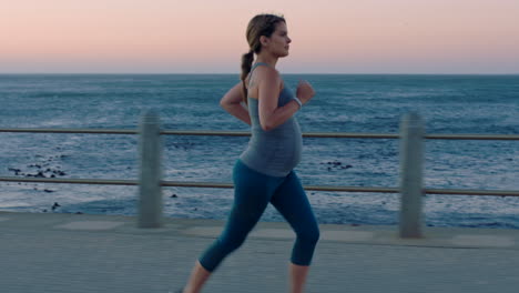 Pregnant,-running-and-woman-with-fitness-by-beach