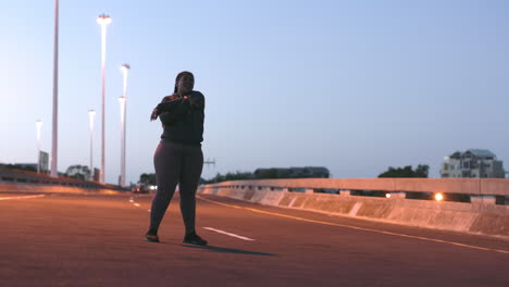 Fitness,-stretching-and-plus-size-woman-in-road