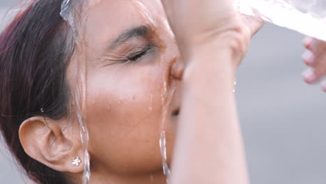Fitness,-woman-and-water-pouring-on-face