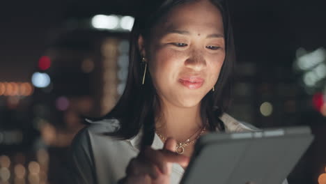 Tablet,-night-and-smile-with-asian-woman-in-city