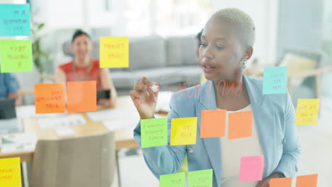 Black-woman-writing,-team-or-sticky-notes