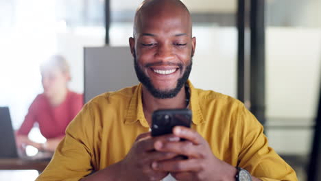 Black-man,-phone-and-office-chat-while-online