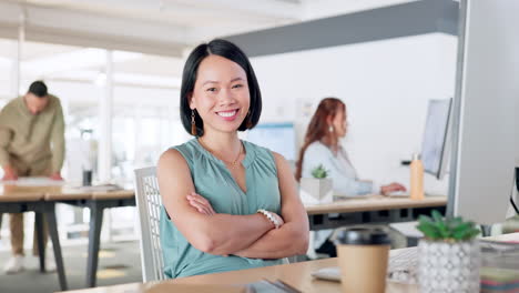 Erfolg,-Büro-Und-Asiatische-Geschäftsfrau-Am-Schreibtisch