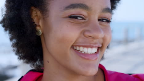 Beach,-face-and-smile-of-black-woman-on-vacation
