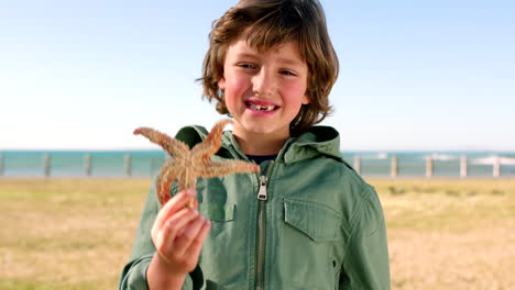 Child,-kid-or-boy-and-starfish-by-beach