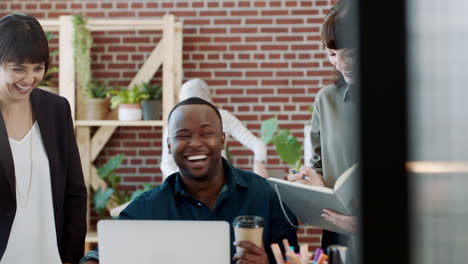 Business-people,-laughing-or-laptop-in-modern