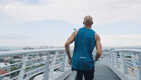 City-bridge,-running-and-black-man-athlete-doing