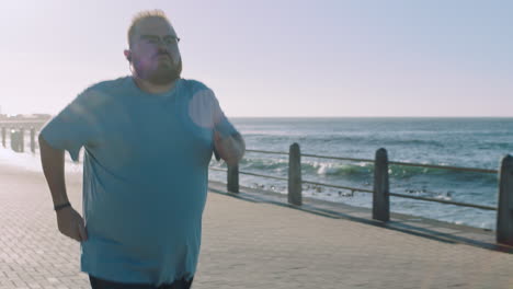 Fitness,-beach-and-plus-size-man-running-on-path