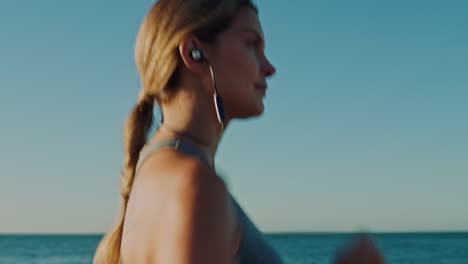 Beach,-earphones-and-woman-running-for-exercise