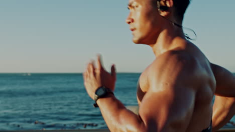 Beach-fitness,-running-and-Asian-man-runner-doing