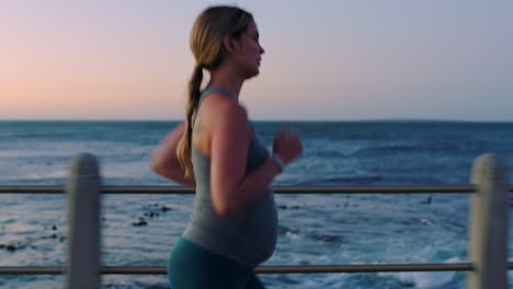 Fitness,-pregnant-or-woman-running-at-sunset-by