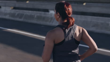 Fitness,-city-and-woman-running-in-the-street