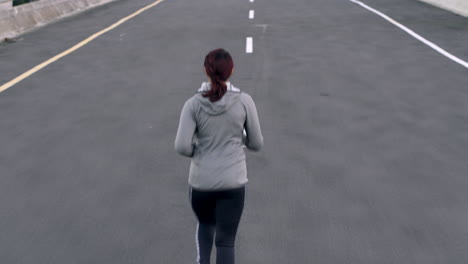 Running,-exercise-and-back-of-woman-training
