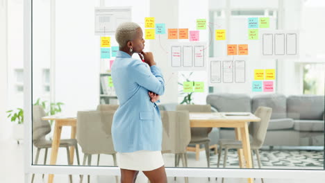 Thinking,-sticky-notes-and-black-woman-in-office