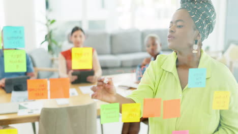 Glass-wall,-post-it-and-black-woman-leader