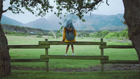 Rain,-umbrella-and-girl-on-fence-in-countryside