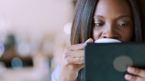 Coffee,-tablet-and-black-woman-reading-email