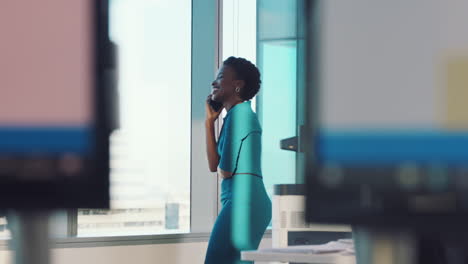 Black-woman,-phone-call-and-happy-business