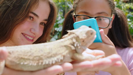 Happy,-phone-and-zoo-friends-with-lizard-for-fun