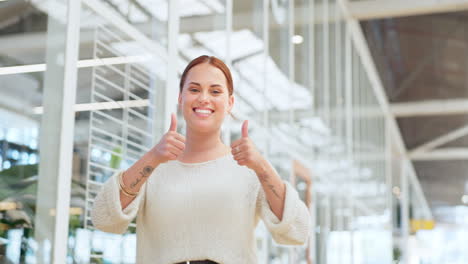 Thumbs-up,-smile-and-businesswoman-walking