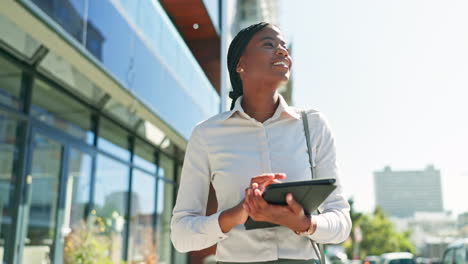 Tablet,-walking-and-a-business-black-woman