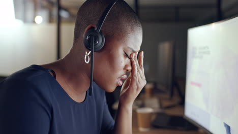 Call-center,-stress-and-black-woman-with-headache