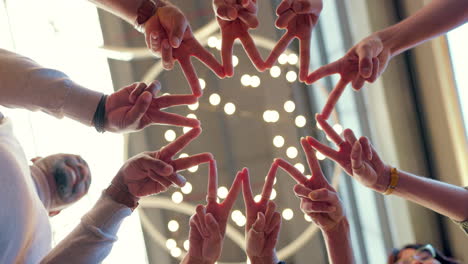Group-hands,-star-sign-and-business-team-together