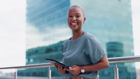 Black-woman,-business-and-tablet-portrait-in-city