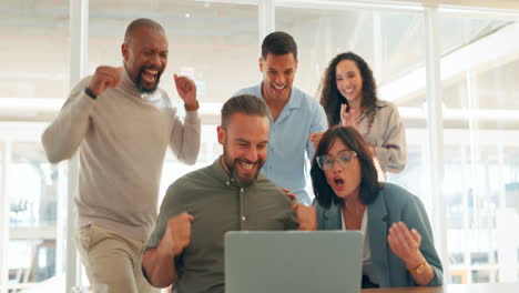 Success,-celebration-and-business-people-on-laptop