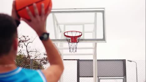 Throw-in-a-basketball-hoop,-the-ball-hits-the-ring-and-flying-through-the-net.-Slow-Motion-shot.-Back-view-of-unrecognizable