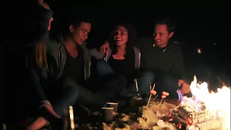 Side-view-of-diverse-group-of-people-sitting-together-by-the-fire-late-at-night-and-embracing-each-other,-cooking-sausages-and