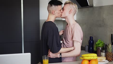 Gay-male-couple-hugging-and-kissing-in-kitchen-sensually
