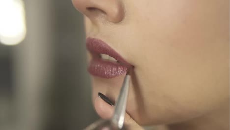 Unrecognizable-professional-makeup-artist-using-special-brush-to-apply-lipstick-on-model's-lips-working-in-beauty-fashion