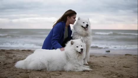 Side-view-of-a-young-woman-sitting-on-the-sand-and-embracing-her-dogs-of-the-Samoyed-breed-by-the-sea.-White-fluffy-pets-on-the
